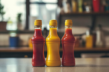 Vintage condiment bottles with ketchup, mustard, and mayonnaise for retro kitchen design