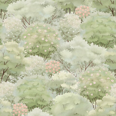 Watercolor seamless pattern of tree crowns and blossom bushes. Green floral illustration for textile, wallpapers or nature background.