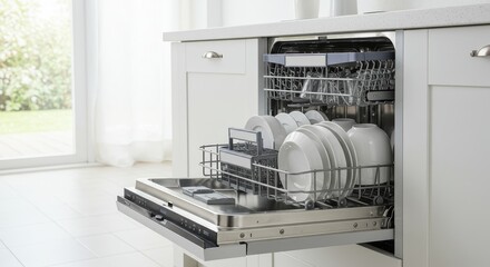 Clean Dishes in Modern Dishwasher - Sparkling clean ceramic bowls and cups in a modern, energy-efficient dishwasher. Cleanliness, efficiency, convenience, modern kitchen, home appliances
