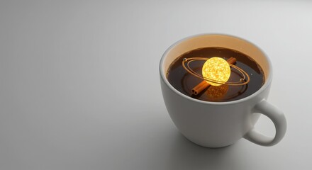 Coffee cup with glowing planet and cinnamon stick