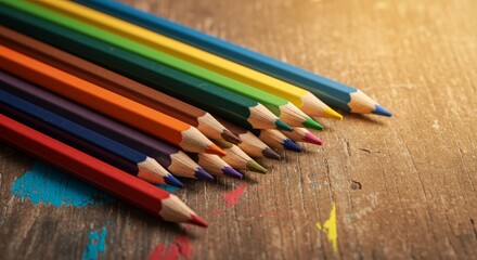 Obraz premium Colored Pencils on Rustic Wood - Creativity, artistry, colorful, childhood, drawing. A vibrant collection of colored pencils arranged on a rustic wooden surface