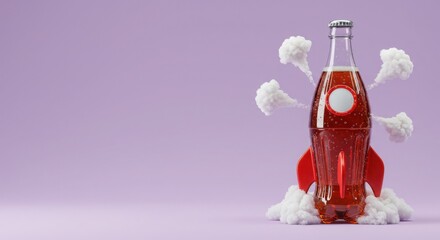 Soda bottle rocket launching against purple backdrop