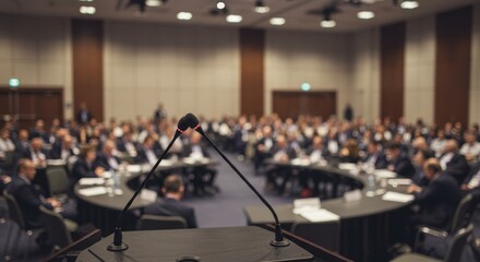 Conference Podium and Attendees - A microphone on a podium in a large conference room with many attendees