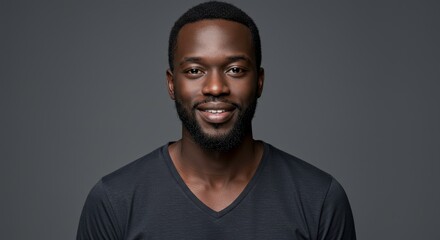 Obraz premium Confident Black Man Portrait - A friendly, smiling Black man in a dark v-neck shirt against a gray background. Perfect for diversity and inclusion projects