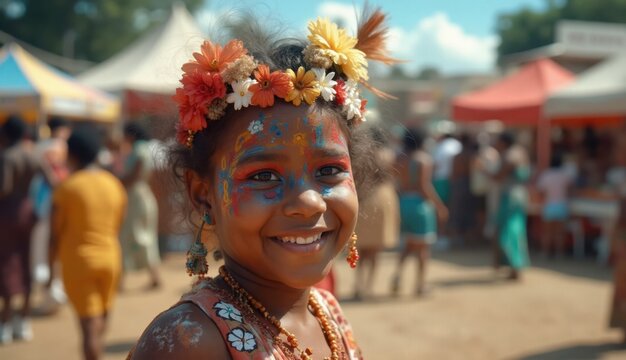 A smiling young girl with a colorful painted face and a crown of fresh flowers enjoys a cultural festival, surrounded by tents and people celebrating outdoors