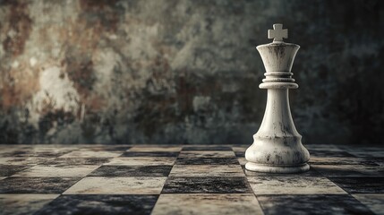 A single white king chess piece on a checkered board against a mottled textured background