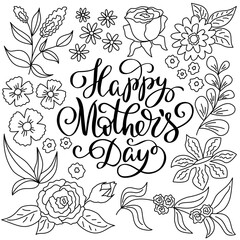 Greeting card with floral design and lettering Happy Mothers Day in doodle line style. Vector isolated illustration.