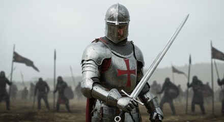 Fototapeta premium Crusader Knight Ready for Battle - A lone Crusader knight, armored and vigilant, stands ready to defend against a vast enemy army. Symbols of faith, courage, protection, war