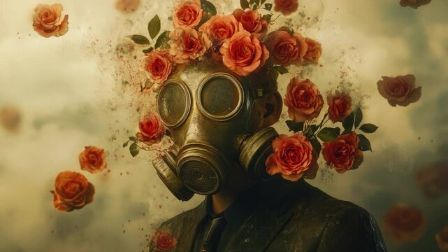 Surreal Portrait of a Person in a Gas Mask Surrounded by Blooming Roses Against a Dreamy Background