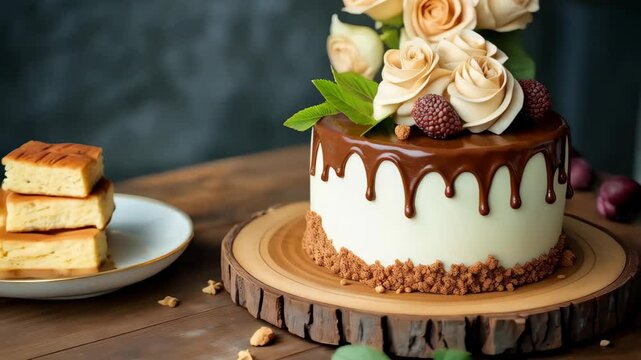 Decadent cake topped with chocolate ganache, roses, and berries on a wooden stan