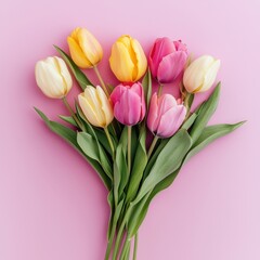 Fototapeta premium Colorful tulips bouquet lying on pink background for spring holidays