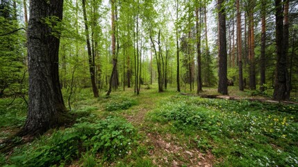 Obraz premium A serene forest clearing filled with vibrant spring greenery.