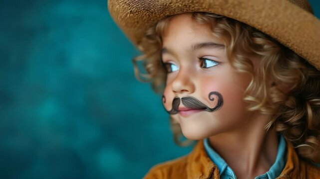 A child dressed in a playful costume with a fake mustache and hat looks away thoughtfully, expressing character and mood.
