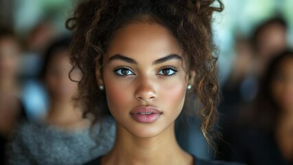 A beautiful woman with natural curls and glowing skin gazes directly at the camera, radiating strength and elegance.
