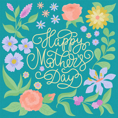 Greeting card with floral design and lettering Happy Mothers Day in line style. Vector color illustration.