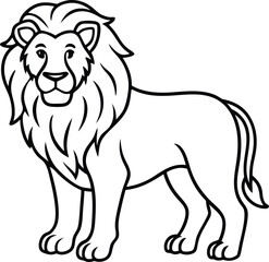 Black and White Illustration of a Standing Lion with Detailed Mane
