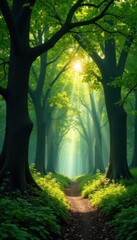 Naklejka premium Sun-dappled forest arch of interwoven branches, environment, green