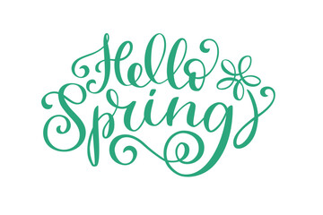 Hello Spring lettering in script style. Brush hand written calligraphy style with flourish