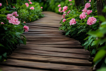 Wooden pathway surrounded by blooming pink flowers and lush greenery in a serene garden