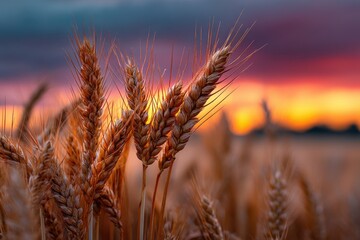 Golden wheat sways gently in the evening breeze against a vibrant sunset sky in a rural landscape