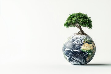 A lush green tree stands atop a miniature Earth, symbolizing environmental protection and sustainability.