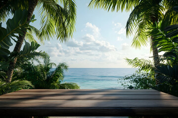 Wooden table with tropical leaves and a serene seascape in the background