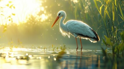 Naklejka premium Majestic stork wading in serene sunrise