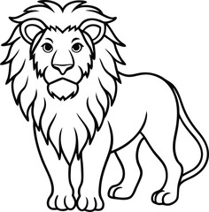 Black and White Illustration of a Standing Lion with Detailed Mane