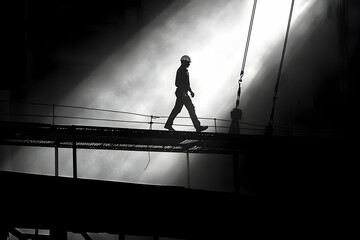 Worker walking across a metal platform at a busy construction site