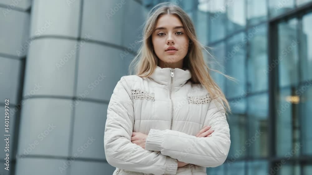 Poster a person standing in front of a large building, suitable for cityscape or architecture images.