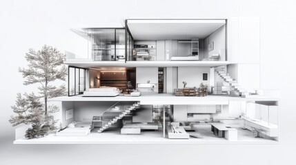 Modern Minimalist House Architectural Cross Section, White Interior Design