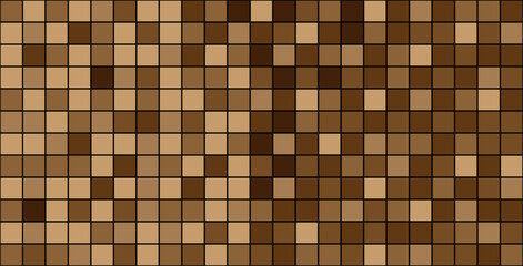 Seamless brown pixelated background made of small squares in earthy tones with thin black outlines, ideal for textures or game design. Brown pixel grid pattern. Vector illustration