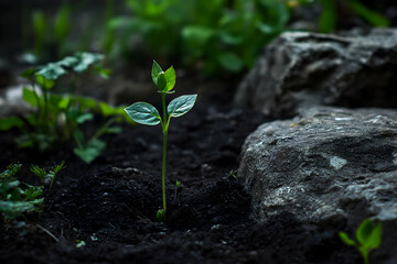 Young plant sprouting in a garden nurtured by gentle hands