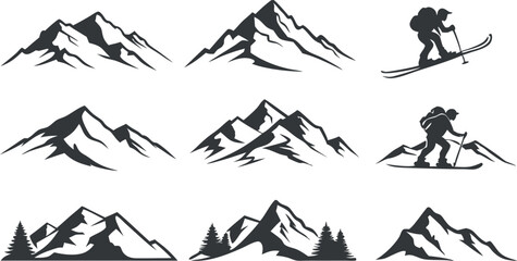 Fototapeta premium Mountain Silhouette Vector Set – Black and White Mountain Peak Illustrations on White Background