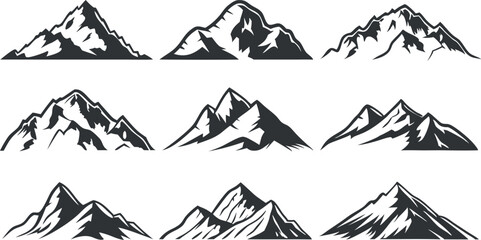 Fototapeta premium Mountain Silhouette Vector Set – Black and White Mountain Peak Illustrations on White Background