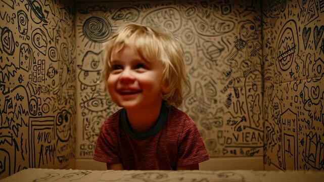 A small child with tousled hair and a big smile sits comfortably in a warmly lit room, radiating joy and innocence.
