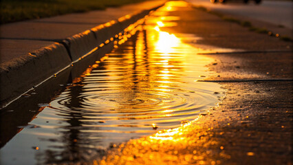 Sunset Reflection in Water Puddle on Sidewalk with Golden Glow and Rippling Surface