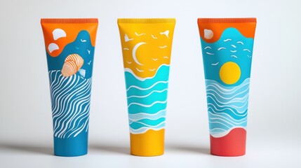 Fototapeta premium Summer Sun Care Tubes:Ocean Waves,Sunsets, and Seashells