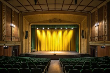 Historic Theater Stage With Yellow Curtains Ready for Performance Generative AI