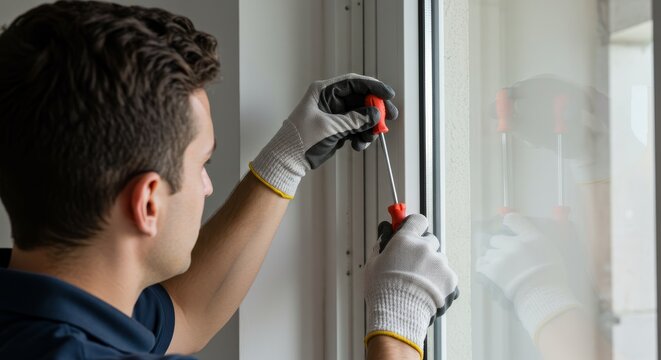 Home Window Repair Professional - A skilled worker meticulously repairs a window frame, showcasing expertise and attention to detail in home renovation. The symbolizes professionalism, precision