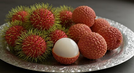 Fresh Rambutan Fruit on Silver Plate