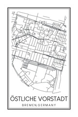 Hand drawn printable downtown road map poster of borough ÖSTLICHE VORSTADT of the German city of BREMEN on solid white background with city name