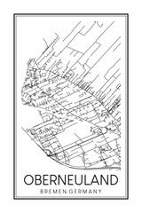 Hand drawn printable downtown road map poster of borough OBERNEULAND of the German city of BREMEN on solid white background with city name