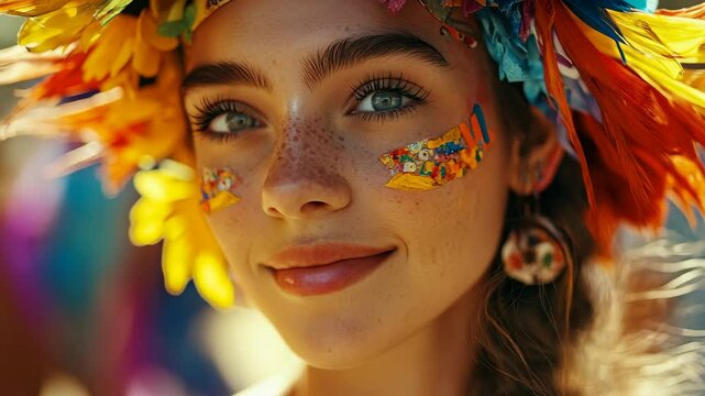 Close-up portrait of a smiling woman with flower designs painted on her face, radiating joy and creative expression.
