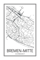 Obraz premium Hand drawn printable downtown road map poster of borough BREMEN-MITTE of the German city of BREMEN on solid white background with city name