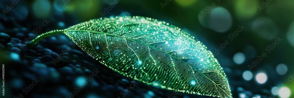 Poster Green leaf transforms into digital pixels, merging nature with technology in a unique visual representation