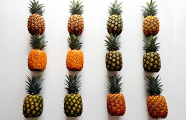 12 pineapple isolated on white background, top view