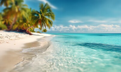 Fototapeta premium A scenic view of a tropical beach with palm trees and clear turquoise water under a blue sky