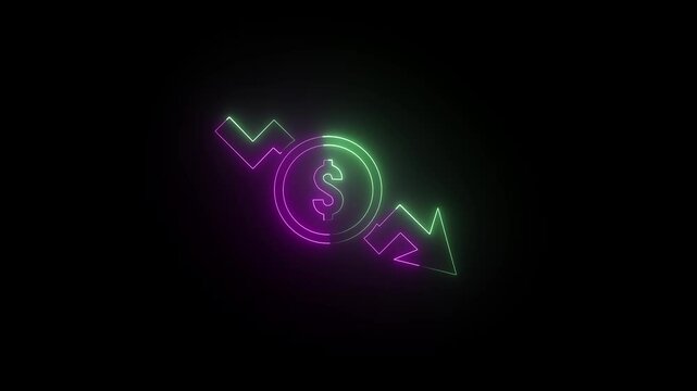 Business loss. Cash with down  neon arrow stocks graph, black background .