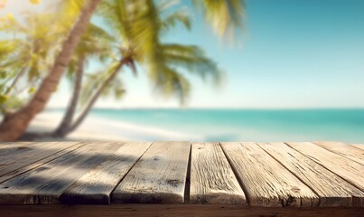 Wooden table overlooking a blurred beach with palm trees and turquoise water under a clear blue sky